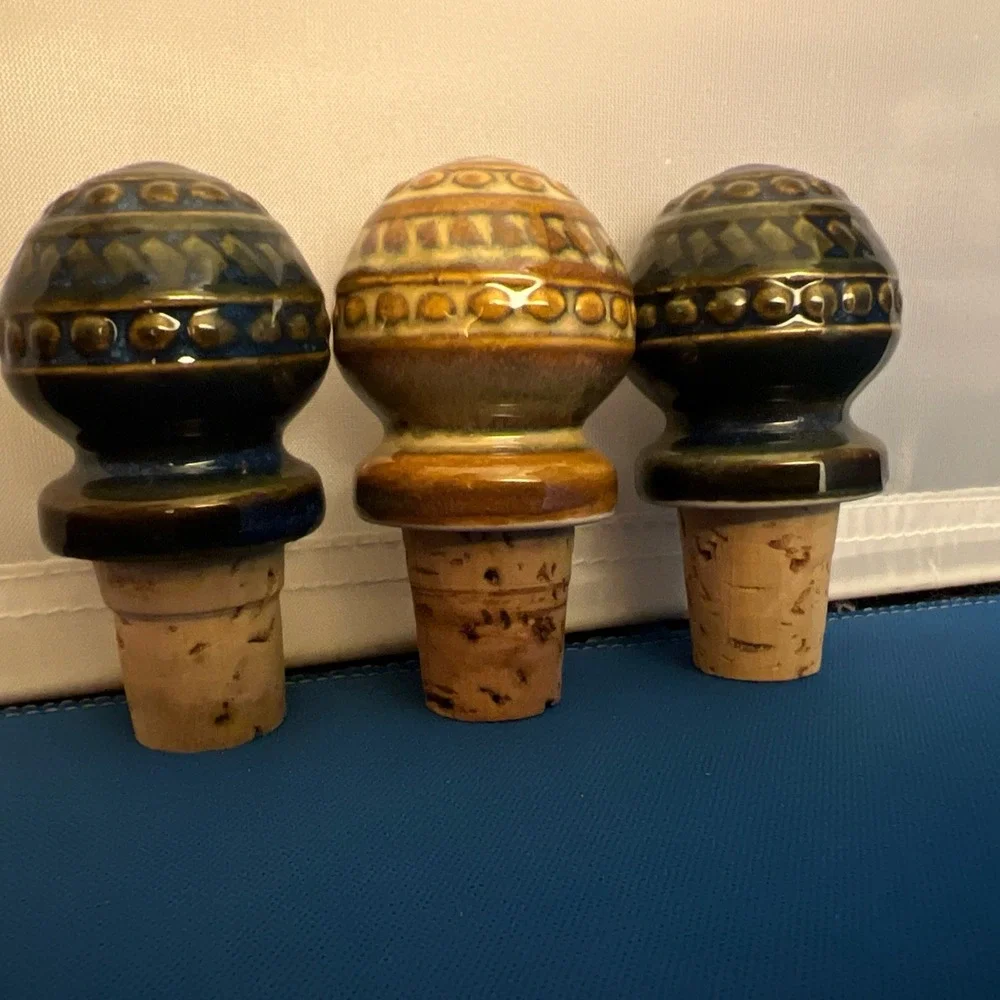 Set of 3 Vintage Ceramic/Porcelain Bottle Stoppers Blue And Sand Colors